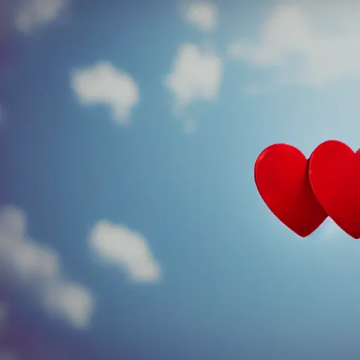 Prompt: two red paper hearts in a clear glass spherical bubble. blue sky with clouds background. illustration, artstation, realistic, beautiful, dreamlike