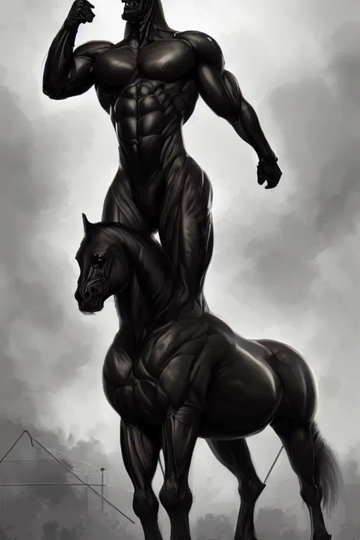 Image similar to an enormously muscular black - coated anthro horse at a research facility wearing skintight body armor, highly detailed, digital painting, artstation, concept art, illustration, art by artgerm, greg rutkowski, wlop