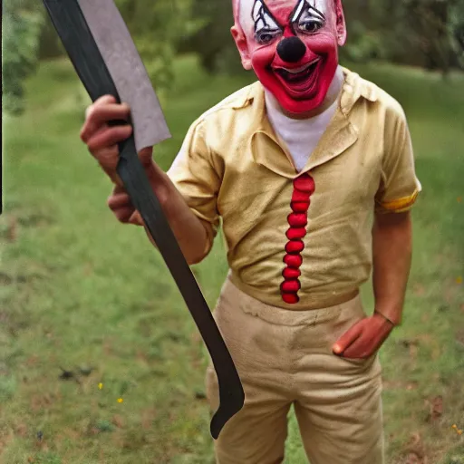 Image similar to a beige clown holding a machete, 3 5 mm film