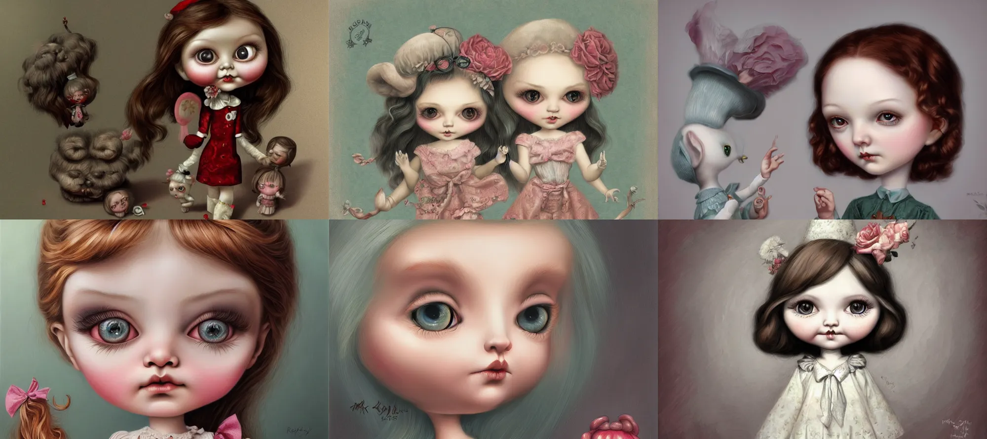 Prompt: cute pocelain doll, Mark Ryden style, highly detailed, digital painting, artstation, concept art, smooth, sharp focus, illustration,