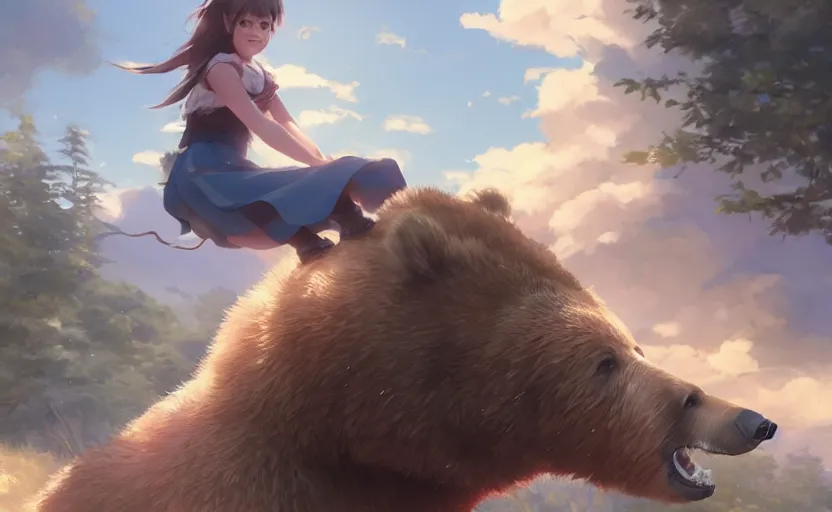 Image similar to a girl riding a grizzly bear, full shot, atmospheric lighting, detailed faces, by makoto shinkai, stanley artgerm lau, wlop, rossdraws