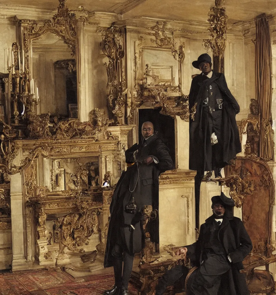 Prompt: a single large black man wearing an overcoat and knee-length black boots stands in the living room of a beautiful ornate baroque English mansion, adebanji alade, lawrence alma-tadema, george goodwin kilburne