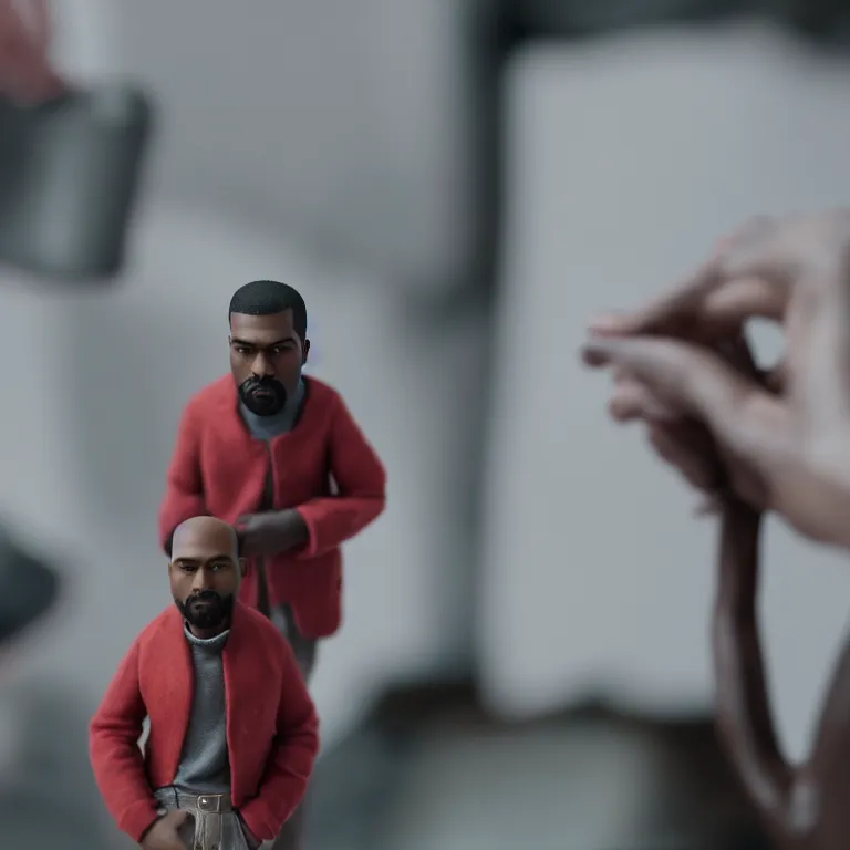 Image similar to a cinematic film still of a claymation stop motion film starring kanye west, portrait, shallow depth of field, 8 0 mm, f 1. 8