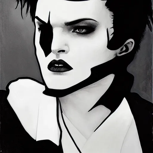 Prompt: stunning portrait of androgynous ruby rose as desire from sandman in a white tuxedo!!!, rockabilly style, by frank moth, by alphonse mucha, by jeremy mann, by peter lindbergh, dave mckean, white suit and black tie, soft lightning, high detailed, 8 k