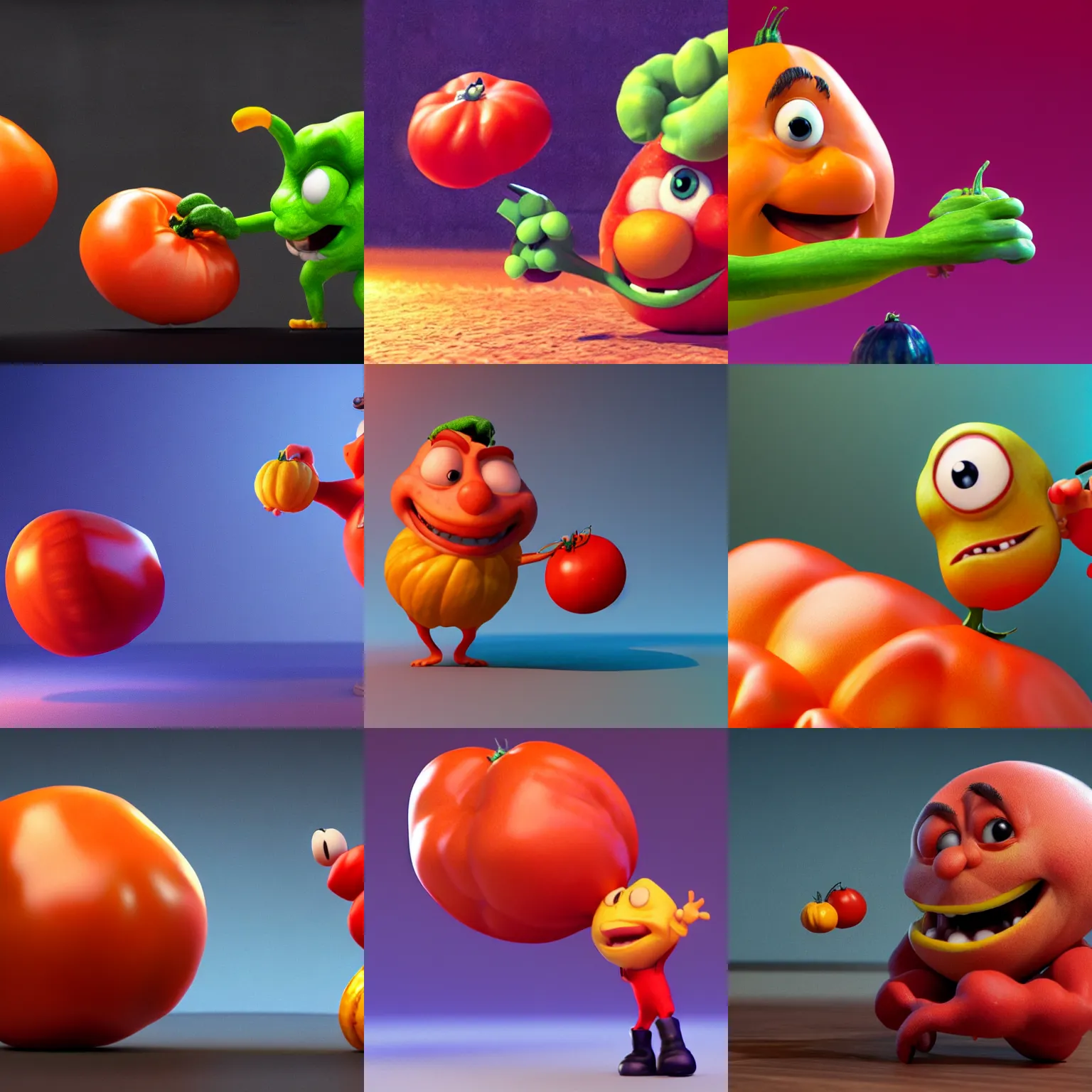 Prompt: detailed 3 d render of a squash character attaching a tomato figure, hyper realistic octane render, dramatic lighting, pixar, disney, cartoon