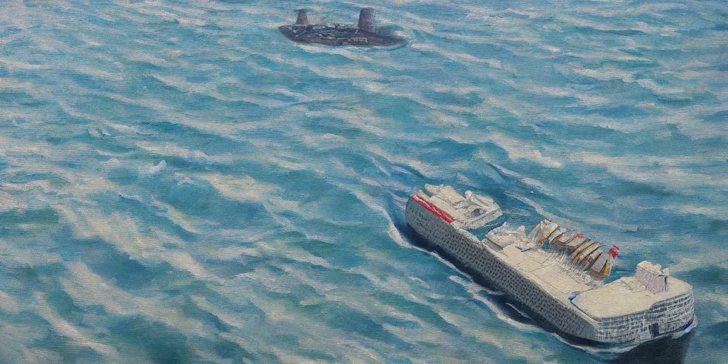 Prompt: ocean liner sinking, bird's eye view, full shot, realist painting, oil on canvas