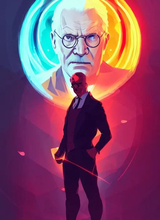Prompt: portrait of carl gustav jung with laser eyes, epic lighting, in the style of artgerm and charlie bowater and atey ghailan and mike mignola, vibrant colors and hard shadows and strong rim light, comic cover art, plain background, trending on artstation