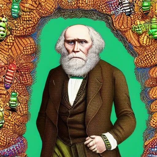 Prompt: Charles Darwin made out of insects, colorful, HD picture, hand-made illustration