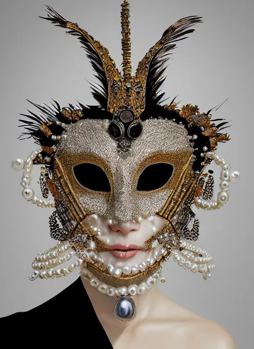 Image similar to hyperrealism, detailed textures, award winning autochrome photo, symetrical japanese pearl, beautiful animal pearl photo queen portrait, autochrome pearl portrait, pearls, black feathers, silverplate, intricate, detailed facial pearl scary animal mask, pearl, golden jewelery, silverplate, ultra realistic, cinematic, intricate, by steve mccurry, unreal engine 8 k