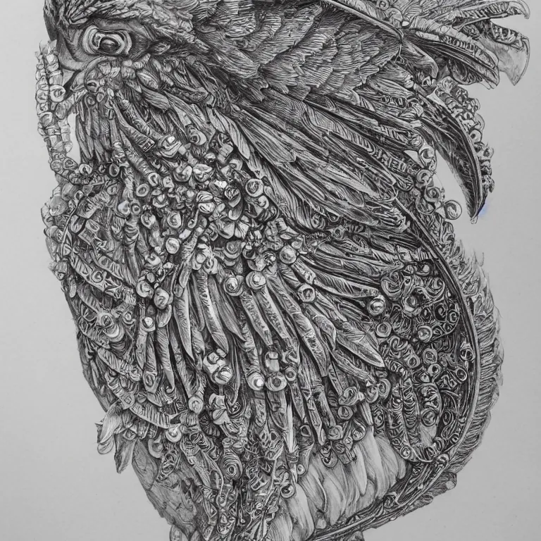 Prompt: beautiful detailed engraving of a ceremonial hawk god, classical ornamental entail design, fibonacci flow, acroteria, encarpus, bead and reel, large medium and small elements, by russ abbott, albrecht durer, artgerm, rutkowski, trending on artstation, 8 k