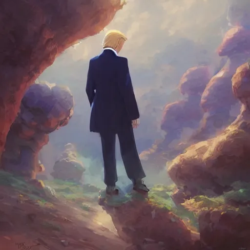 Prompt: Donald Trump traveling through a beautiful world, illustrated by Krenz Cushart and Hayao Miyazaki, masterpiece, vibrant colors, trending on artstation