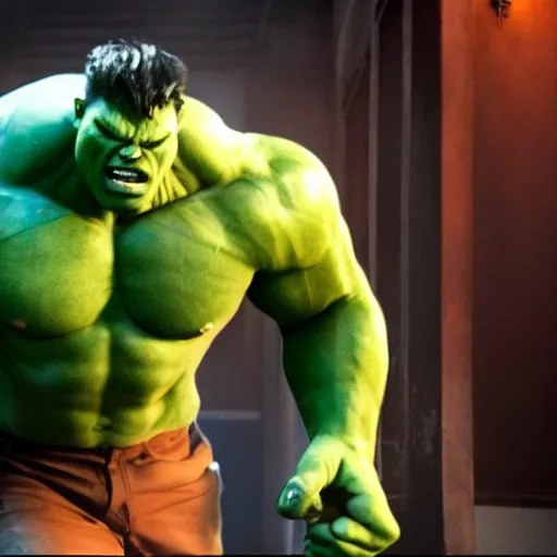 Image similar to Margot Robbie as real-life Hulk, cinematic, Wide-shot, atmospheric lighting, directed by Quentin Tarantino, extreme detail, 8K, movie still