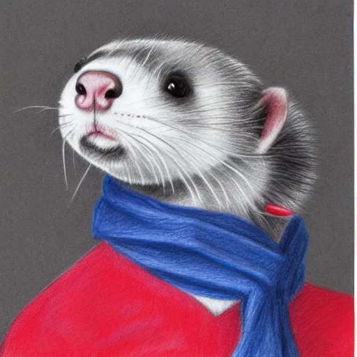 Prompt: A ferret wearing a blue scarf and a red beanie, Pencil drawing, hyper-detailed, very realistic