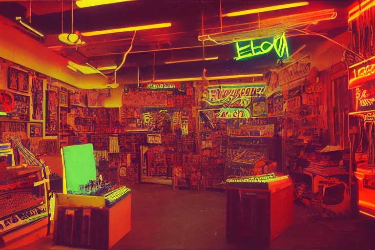 Prompt: neon skeleton shopping, inside of a 1970s music store store, neon lights, dirty, ektachrome photograph, volumetric lighting, f8 aperture, cinematic Eastman 5384 film