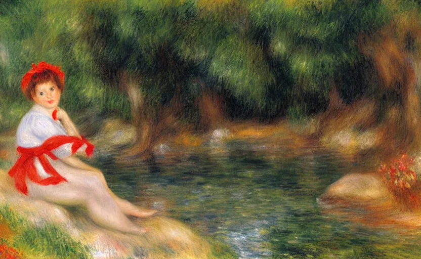 Prompt: vicky playing with the water, wearing white cloths, and a red bow in her hair, sitting by the side of a creek, in the painting style of renoir, 8 k, detailed, rule of thirds