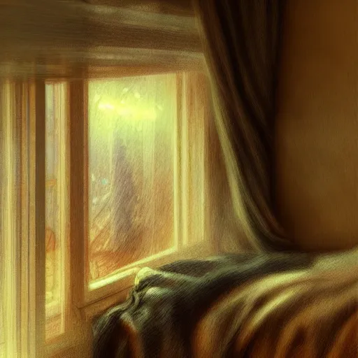 Prompt: on a rainy day, someone sits in bed, curled up under the covers, looking out the window, cinematic, artstation, extremely detailed, intricate, cinematic lighting, art by pierre - auguste renoir