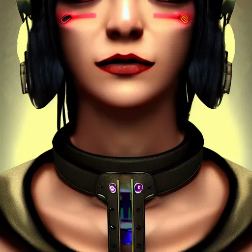 Prompt: headshot of cyberpunk punk woman wearing thick steel choker around neck, 4K, detailed face, collar on neck, realistic, artstation, neon,