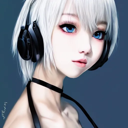 Image similar to realistic detailed semirealism beautiful gorgeous natural cute excited happy Blackpink Lalisa Manoban white hair white cat ears blue eyes, wearing black camisole outfit, headphones, black leather choker artwork drawn full HD 4K high resolution quality artstyle professional artists WLOP, Aztodio, Taejune Kim, Guweiz, Pixiv, Instagram, Artstation