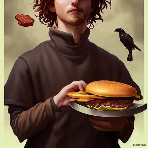 Prompt: portrait of the ravens greg roman eating hamburgers, extra onions and ketchup, luscious patty with sesame seeds, feminine ethereal, handsome, d & d, fantasy, intricate, elegant, highly detailed, digital painting, artstation, concept art, matte, sharp focus, illustration, art by artgerm and greg rutkowski and alphonse mucha