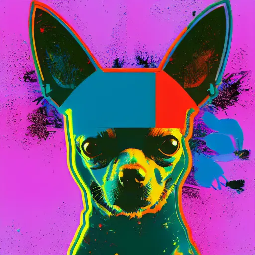 Prompt: illustration of cyberpunk chihuahua in vr helmet, colorful splatters, by andy warhol and by zac retz and by kezie demessance