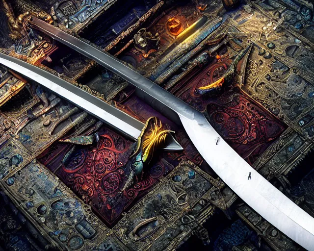 Image similar to legendary sword of cybernetic technology on a glowing table, digital award winning hd matte painting, intimate dark moody, intricate, long sharp black and iridescent blade, ornate spikes, colorful hilt, detailed realistic, raytraced blade, colored gems, golden pommel, in the style of greg rutkowski and krenz cushart, trending on artstation and deviantart