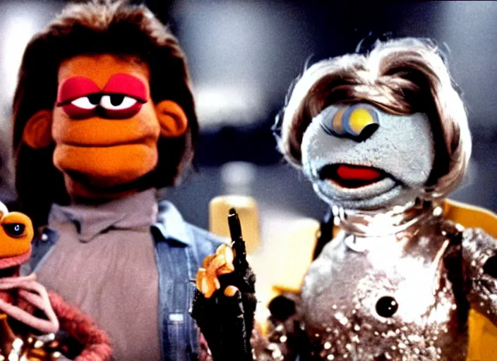 Prompt: scene from the 1 9 8 4 science fiction film muppet the terminator