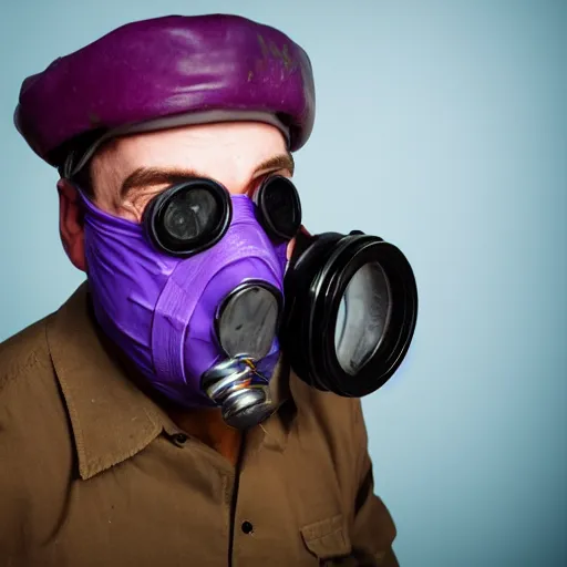 Image similar to a man wearing a purple plumber's attire, a purple cap, and a soviet gasmask, movie still, professional portrait photography, 8 k