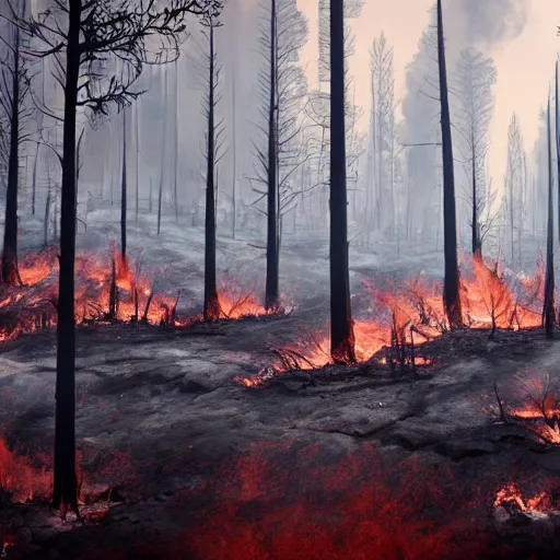 Image similar to a burned lifeless forest, with burned trees, concept art, cinematic, Christian Alzmann on ArtStation, CGSociety, Unreal Engine