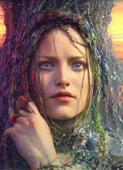 Prompt: biblical shy beautiful female druid android, heavy eyes, closeup, bright glowing veins, in clouds, sunset, portrait, by gerald brom, by mikhail vrubel, by peter elson, muted colors, extreme detail, reflections, trending on artstation, 8 k