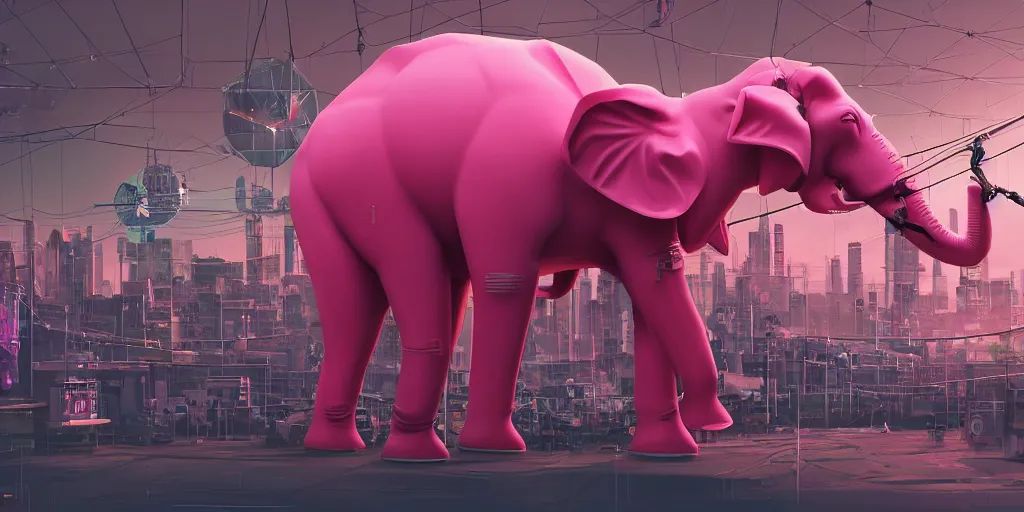 Prompt: a antropomorphic pink elephant playing a giantic analogic synthsizer with a lot of button potenciometers and iron cables, a giantic retrofuturistic computer monitor in the background futuristic, cyberpunk, biomechanical, xenomorphic, photorealistic, ultra detailed, 4 k, chromatic aberration, dof
