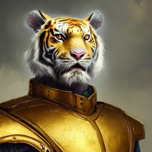 Prompt: a aesthetic award winning commission portrait of an albino tiger wearing golden victorian armour,digital art,art by greg rutkowski,character design by charles bowater,ross tran,photorealistic,detailed face,high quality,deviantart,artstation,characzer concept