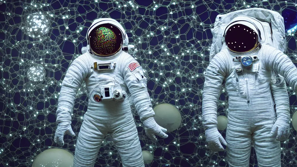 Image similar to a single astronaut eva suit made of diamond 3d fractal lace iridescent bubble 3d skin and covered with insectoid compound eye camera lenses floats through the living room, film still from the movie directed by Denis Villeneuve with art direction by Salvador Dalí, wide lens,