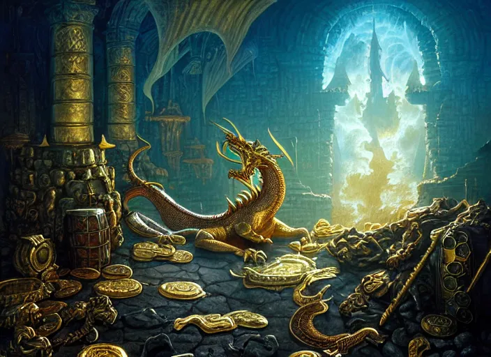 Prompt: dragon asleep on a pile of treasure, dramatic light, dungeon background, treasure, gold, jewels, treasure pile, high detail, fantasy background, painted todd lockwood, jeff easley, greg rutkowski, james gurney, artgerm, digital art, trending on artstation