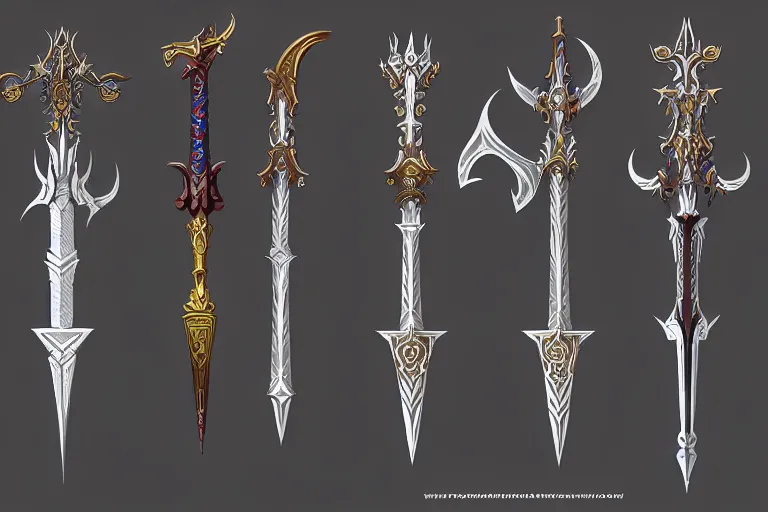 Image similar to design sheet of various ornate fantasy weapons, varied colors