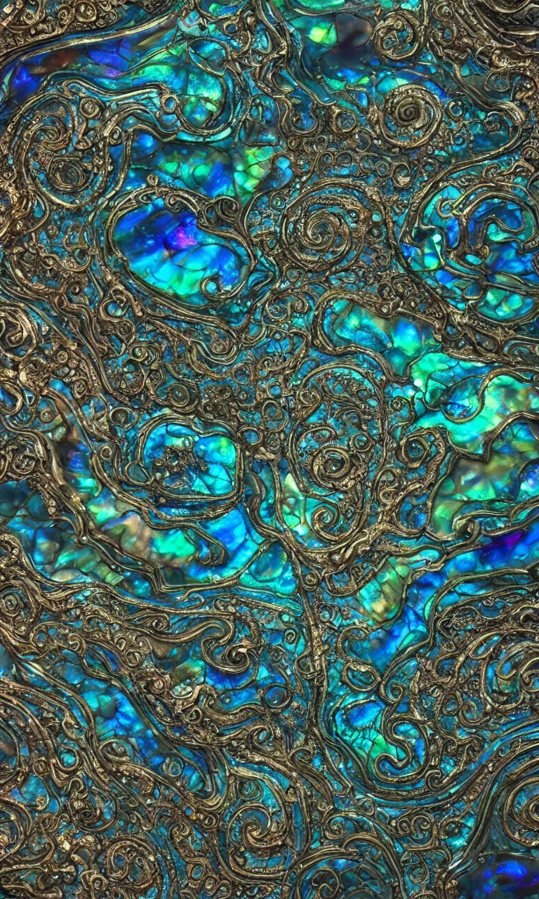 Image similar to Art Nouveau cresting oil slick waves, hyperdetailed bubbles in a shiny iridescent oil slick wave, black opal, abalone, paua shell, ornate copper patina medieval ornament, rococo, oganic rippling spirals, octane render, 8k 3D