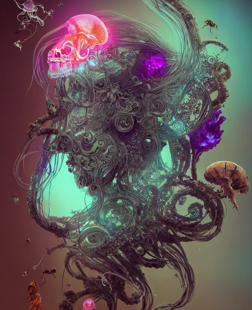 Image similar to goddess close-up portrait ram skull, thorax, x-ray, backbone, jellyfish phoenix head, nautilus, orchid, skull, betta fish, bioluminiscent creatures, intricate artwork by Tooth Wu and wlop and beeple. octane render, trending on artstation, greg rutkowski very coherent symmetrical artwork. cinematic, hyper realism, high detail, octane render, 8k