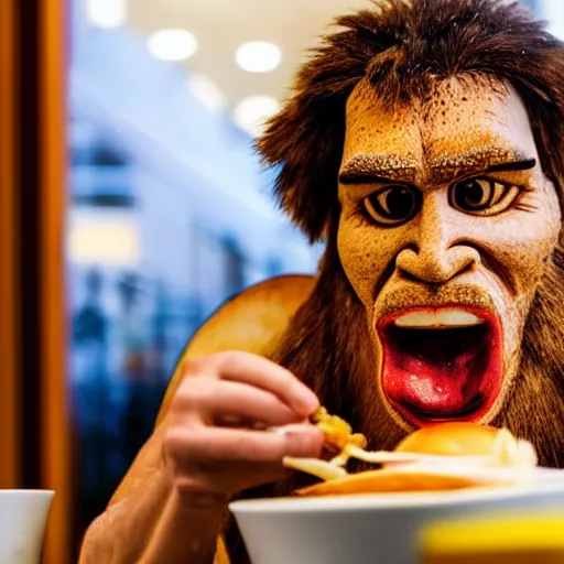 Image similar to realistic detailed sharp photo of a Neanderthal man eating a burger at McDonald's