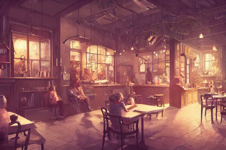 Prompt: a storybook illustration of inside a coffee shop, hyper realistic, ambient lighting, concept art, intricate, hyper detailed, smooth, dynamic volumetric lighting, octane, raytrace, cinematic, high quality, high resolution, 4 k