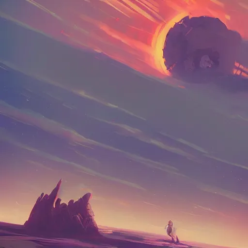 Prompt: a spaceship crashed into a foreign planet, wasteland. The spaceship is buried in the ground. red sky with beautiful white clouds. in the style of digital art, artstation trending, rossdraws, breath of the wild