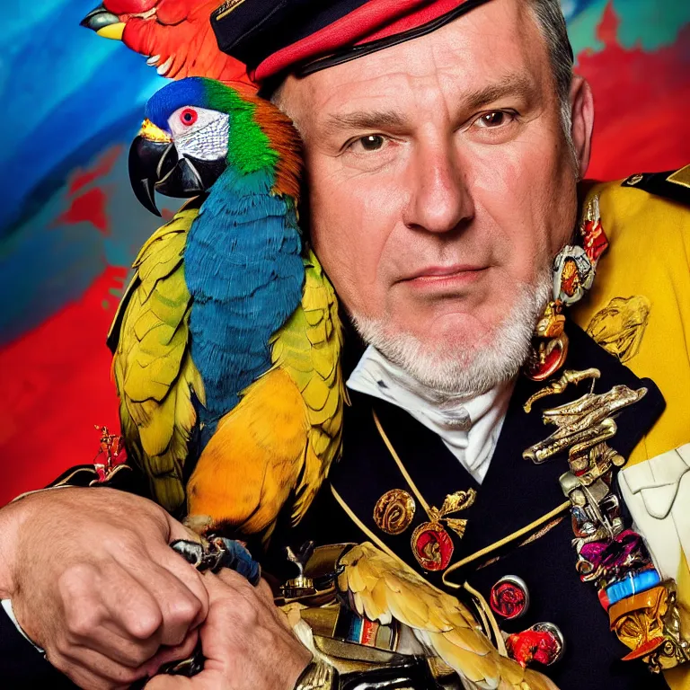 Image similar to close - up octane render portrait by wayne barlow and carlo crivelli and glenn fabry, an extremely elegant bold stern well - dressed admiral in a very powerful uniform, holding a colorful parrot, inside a colorful highly - themed nautical bar, very short depth of field, bokeh