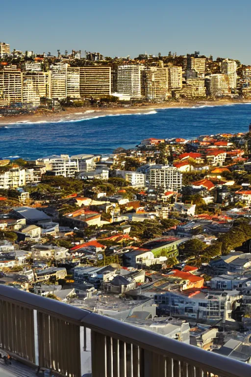 Prompt: View from Bondi Beach balcony, golden hour, depth of field, high resolution, award winning.