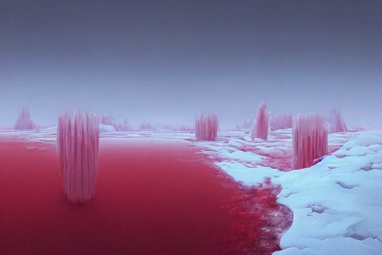 Image similar to surreal frozen landscape, painting by beeple and zdzisław beksinski, red color scheme, a matte painting by li shida, cgsociety, context art, redshift, matte painting, reimagined by industrial light and magic