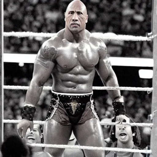 Prompt: “ Dwayne the Rock Johnson in a WWE match in 1980’s camera”