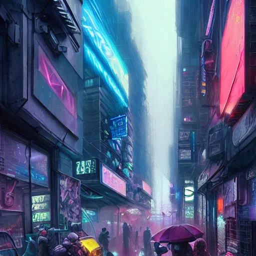 Image similar to overly crowded street of a cyberpunk city, rain, harsh neon lights, highly detailed, digital painting, trending on artstation, concept art, sharp focus, illustration, art by artgerm and greg rutkowski and magali villeneuve