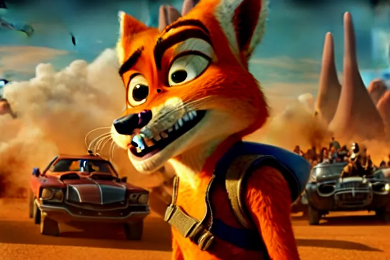 Image similar to nick wilde ( from zootopia ), heavily armed and armored facing down armageddon in a dark and gritty reboot from the makers of mad max : fury road