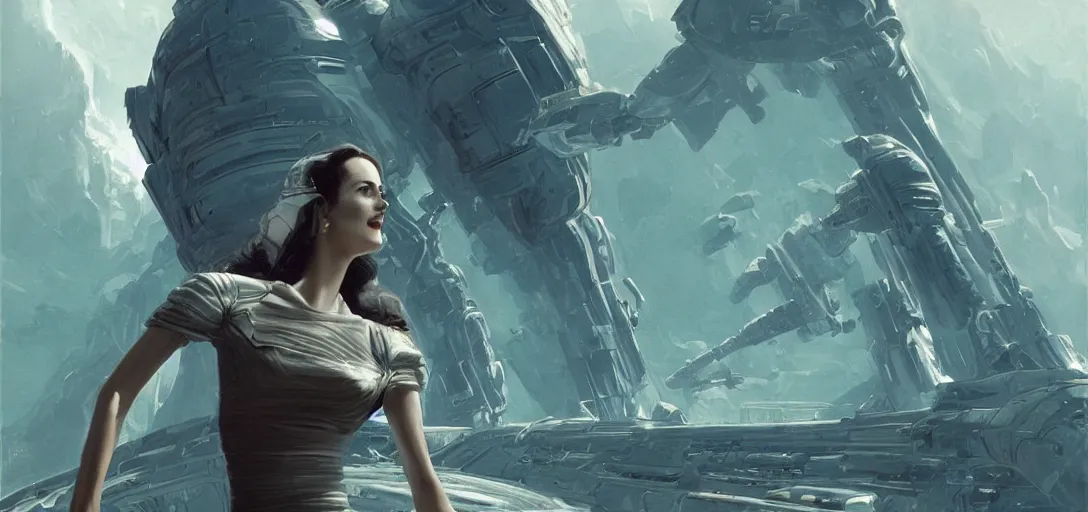 Prompt: Eva Green as a stunning , beautiful retro SCI-FI space heroine 1985 , star ship taking off in the background on the left side , movie poster, intricate, elegant, highly detailed, centered, digital painting, trending on artstation, concept art, smooth, sharp focus, illustration, art by raphael lacoste ,eddie mendoza ,alex ross, WLOP