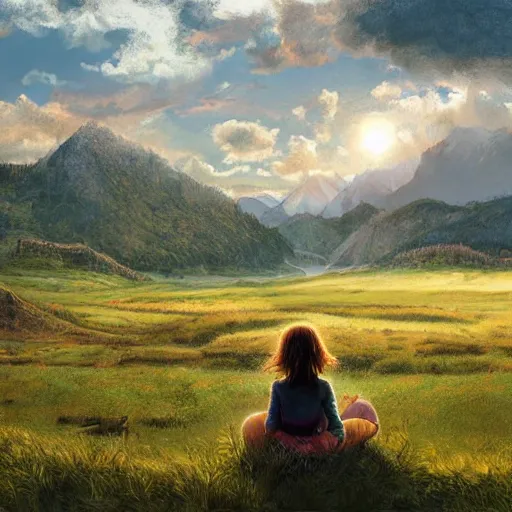 Image similar to a cinematic landscape view looking at an open field, a girl sits in the field looking at the sky, mountains in the distance with a river running down, the sun shines through the parted clouds, digital painting, fantasy, art by alexandre mahboubi and christophe oliver