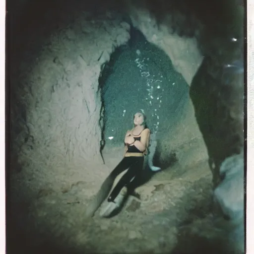 Image similar to a dive bard inside of a cave, old polaroid, expired film,