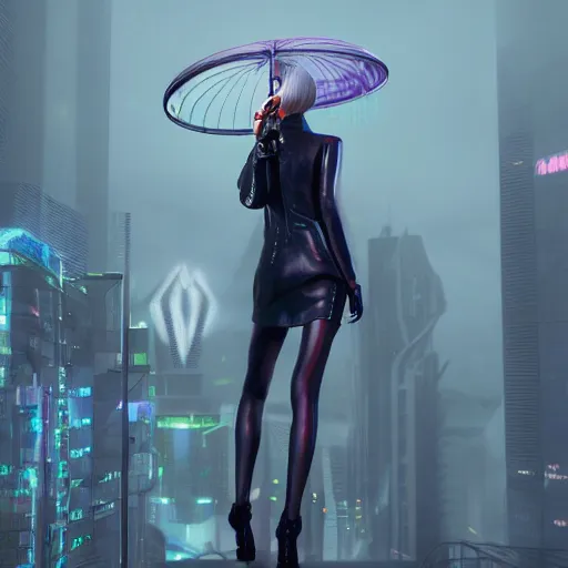 Image similar to a picture of a woman holding an umbrella in the rain, futuristic city, cyberpunk art by fyodor vasilyev, zbrush central contest winner, cubo - futurism, synthwave, darksynth, retrowave