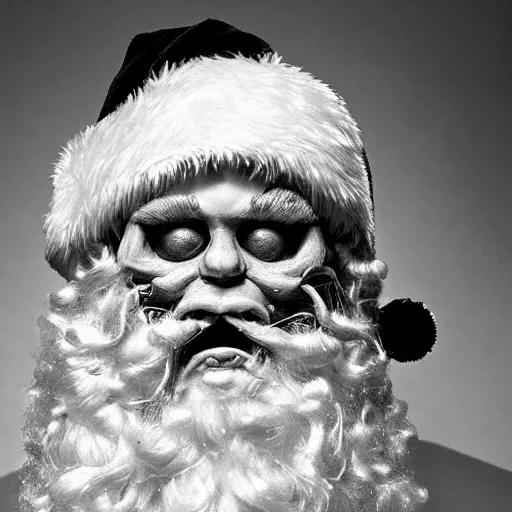 Prompt: you better watch out you better not cry you better not pout i'm telling you why santa claus is coming to town, in the style of h. r. giger, horror, dark, grain, realistic lighting, monochromatic
